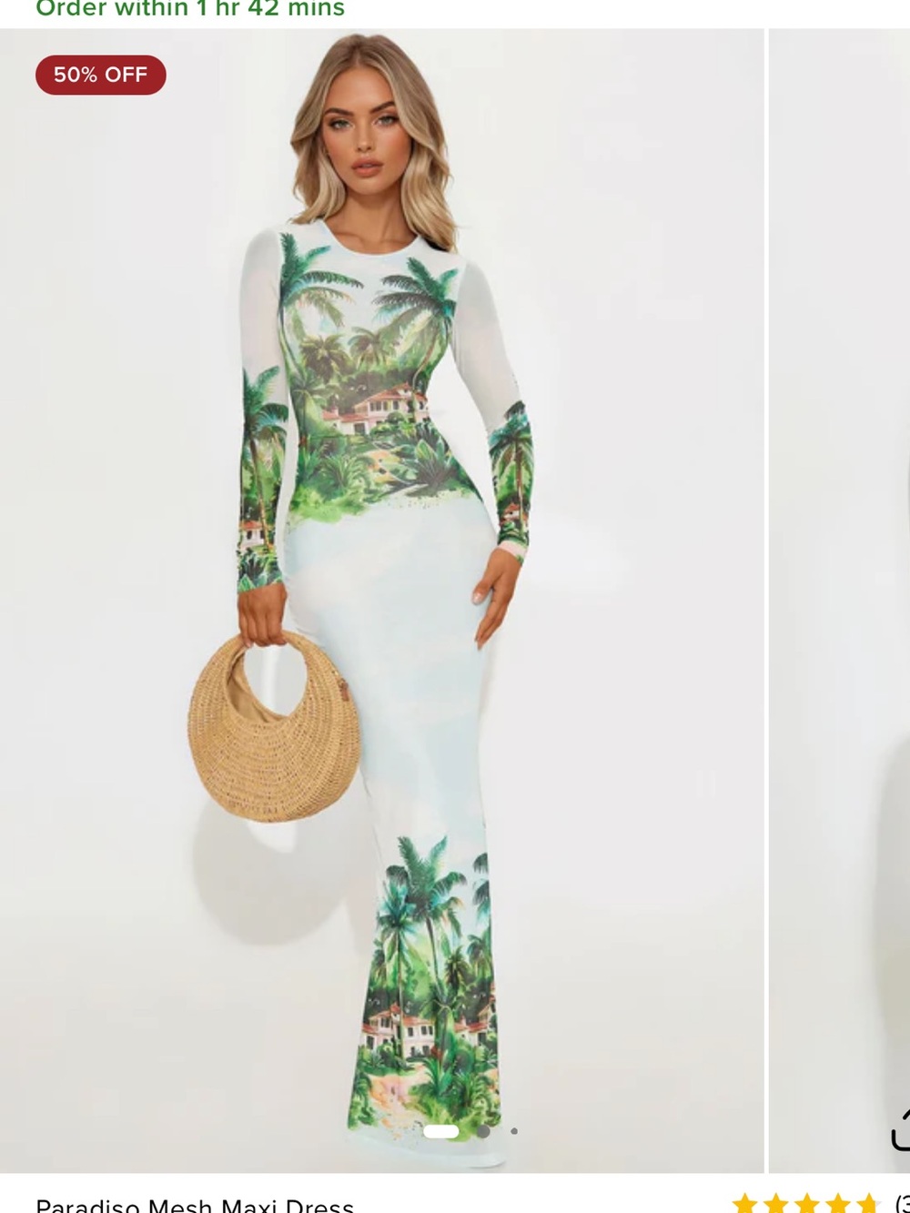 Fashion Nova White & Green Tropical Mesh Maxi Dress